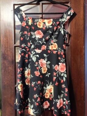 Floral Off-Shoulder Fit & Flare Dress in Black with Red and Peach Roses